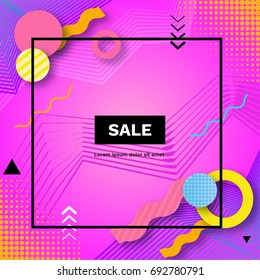 Sale abstract color poster in trendy style with geometric shapes, triangle, lines, frame, pink background, shopping concept, template for banner, cover, flyer, vector illustration