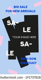 Sale abstract Instagram stories template for social media on blue background. Vector illustration