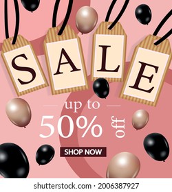 Sale in abstract style on white background. Discount offer price sign. Vector clearance. Modern ribbon banner. Web banner layout template. Poster design. Retail paper sticker.Balloons with tag.Shop