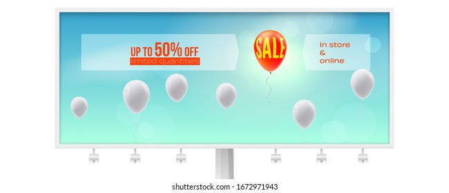 Sale action ad. Billboard with inflatable balloons flying in blue sky. Get up 50 percent discount. Business concept for sales and discount actions. Vector 3d illustration