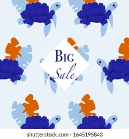Sale ad banner with blue turtle and orange and blue leaves, perfect to use on the web or in print