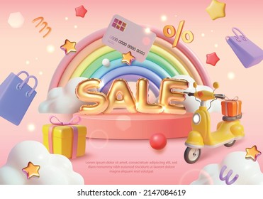 Sale Ads Banner Concept Poster Card Podium Platform Stage Product and Rainbow with Clouds. Vector illustration