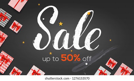 Sale. Ads banner template with present boxes. Up to 50 percent off. Handwritten calligraphic lettering on chalkboard. Vector illustration for retail, online shopping, discount actions.