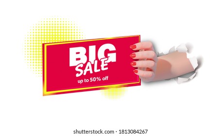 Sale ads with a hand holding products.Sale banner template design. Big sale up to 50% off.