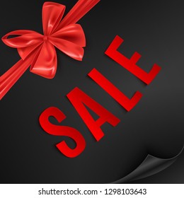Sale advertisement banner, black friday discount, red decorative bow, vector illustration