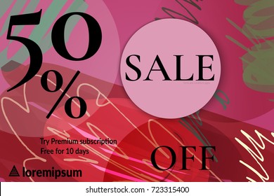 Sale advertisement banner with cut out of paper circle with realistic shadow. Sale trendy poster with gold splashes and black frame. Rough colorful doodle fun special offer banner template.