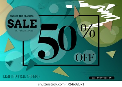 Sale advertisement banner with cut out of paper circle ,triangles with realistic shadow. Sale trendy poster with gold splashes and black frame. Rough colorful doodle fun special offer banner template.
