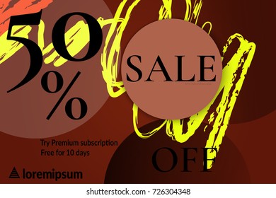 Sale advertisement banner with cut out of paper circle with realistic shadow. Sale trendy poster with gold splashes and black frame. Rough colorful doodle fun special offer banner template.