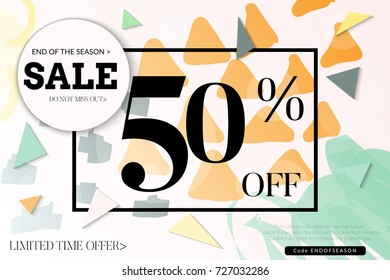 Sale advertisement banner with cut out of paper circle ,triangles with realistic shadow. Sale trendy poster with gold splashes and black frame. Rough colorful doodle fun special offer banner template.