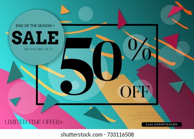 Sale advertisement banner with cut out of paper circle ,triangles with realistic shadow. Sale trendy poster with gold splashes and black frame. Rough colorful doodle fun special offer banner template.