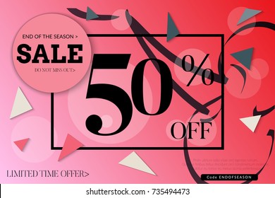 Sale advertisement banner with cut out of paper circle ,triangles with realistic shadow. Sale trendy poster with gold splashes and black frame. Rough colorful doodle fun special offer banner template.