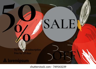 Sale advertisement banner with cut out of paper circle with realistic shadow. Sale trendy poster with gold splashes and black frame. Rough colorful doodle fun special offer banner template.