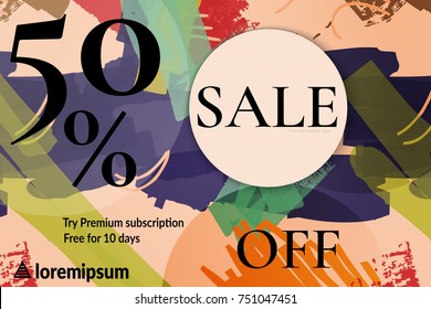 Sale advertisement banner with cut out of paper circle with realistic shadow. Sale trendy poster with gold splashes and black frame. Rough colorful doodle fun special offer banner template.