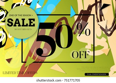 Sale advertisement banner with cut out of paper circle ,triangles with realistic shadow. Sale trendy poster with gold splashes and black frame. Rough colorful doodle fun special offer banner template.
