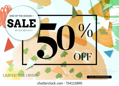 Sale advertisement banner with cut out of paper circle ,triangles with realistic shadow. Sale trendy poster with gold splashes and black frame. Rough colorful doodle fun special offer banner template.