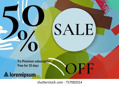 Sale advertisement banner with cut out of paper circle with realistic shadow. Sale trendy poster with gold splashes and black frame. Rough colorful doodle fun special offer banner template.