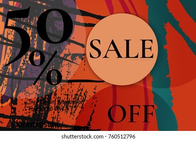 Sale advertisement banner with cut out of paper circle with realistic shadow. Sale trendy poster with gold splashes and black frame. Rough colorful doodle fun special offer banner template.