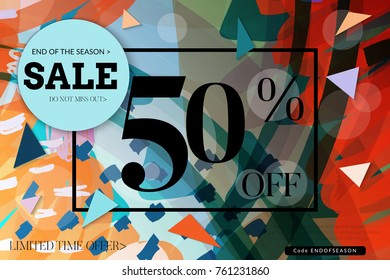 Sale advertisement banner with cut out of paper circle ,triangles with realistic shadow. Sale trendy poster with gold splashes and black frame. Rough colorful doodle fun special offer banner template.