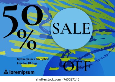 Sale advertisement banner with cut out of paper circle with realistic shadow. Sale trendy poster with gold splashes and black frame. Rough colorful doodle fun special offer banner template.