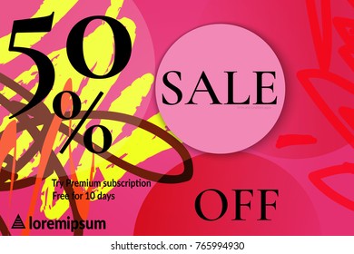 Sale advertisement banner with cut out of paper circle with realistic shadow. Sale trendy poster with gold splashes and black frame. Rough colorful doodle fun special offer banner template.