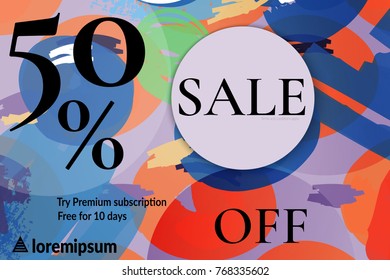 Sale advertisement banner with cut out of paper circle with realistic shadow. Sale trendy poster with gold splashes and black frame. Rough colorful doodle fun special offer banner template.