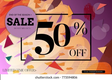 Sale advertisement banner with cut out of paper circle ,triangles with realistic shadow. Sale trendy poster with gold splashes and black frame. Rough colorful doodle fun special offer banner template.