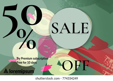 Sale advertisement banner with cut out of paper circle with realistic shadow. Sale trendy poster with gold splashes and black frame. Rough colorful doodle fun special offer banner template.
