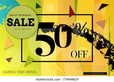 Sale advertisement banner with cut out of paper circle ,triangles with realistic shadow. Sale trendy poster with gold splashes and black frame. Rough colorful doodle fun special offer banner template.