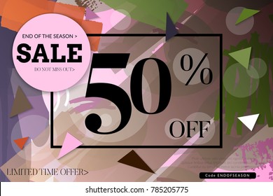 Sale advertisement banner with cut out of paper circle ,triangles with realistic shadow. Sale trendy poster with gold splashes and black frame. Rough colorful doodle fun special offer banner template.