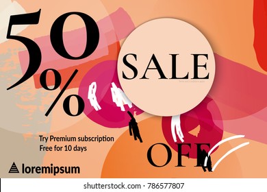 Sale advertisement banner with cut out of paper circle with realistic shadow. Sale trendy poster with gold splashes and black frame. Rough colorful doodle fun special offer banner template.