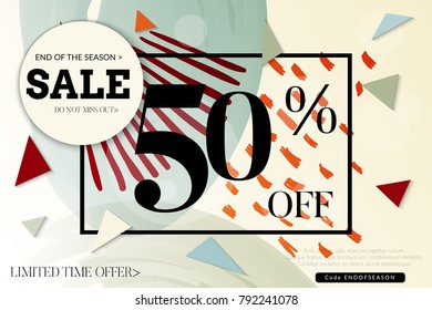Sale advertisement banner with cut out of paper circle ,triangles with realistic shadow. Sale trendy poster with gold splashes and black frame. Rough colorful doodle fun special offer banner template.