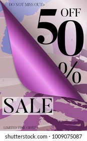 Sale advertisement banner on hand drawn background with curled peel out paper. Sale trendy poster. Rough colorful doodle fun special offer banner template.
