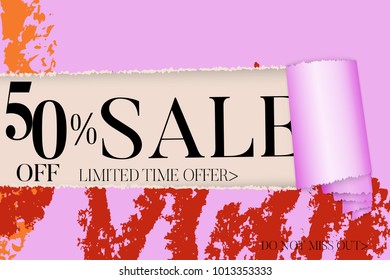 Sale advertisement banner on hand drawn background . Sale trendy poster. Rough colorful doodle fun special offer banner template.