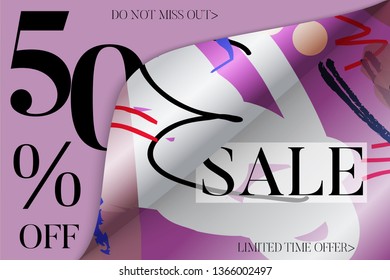 Sale advertisement banner on hand drawn background with curled peel out corner. Sale trendy poster with gold splashes and black frame. Rough colorful doodle fun special offer banner template.