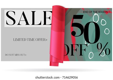 Sale advertisement banner on hand drawn background with curled peel out paper. Sale trendy poster with gold splashes and black frame. Rough colorful doodle fun special offer banner template.