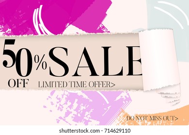Sale advertisement banner on hand drawn background with torn paper and shiny curl. Sale trendy poster with gold splashes and black frame. Rough colorful doodle fun special offer banner template.