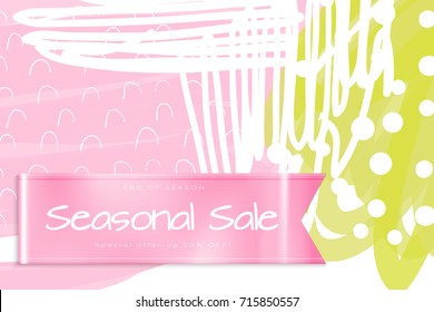Sale advertisement banner on hand drawn background with shiny silk ribbon. Sale trendy poster with gold splashes and black frame. Rough colorful doodle fun special offer banner template.