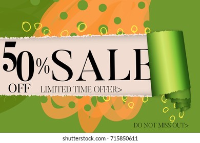 Sale advertisement banner on hand drawn background with torn paper and shiny curl. Sale trendy poster with gold splashes and black frame. Rough colorful doodle fun special offer banner template.