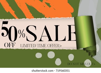 Sale advertisement banner on hand drawn background with torn paper and shiny curl. Sale trendy poster with gold splashes and black frame. Rough colorful doodle fun special offer banner template.