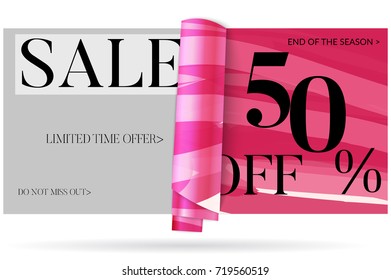 Sale advertisement banner on hand drawn background with curled peel out paper. Sale trendy poster with gold splashes and black frame. Rough colorful doodle fun special offer banner template.