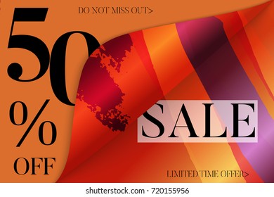 Sale advertisement banner on hand drawn background with curled peel out corner. Sale trendy poster with gold splashes and black frame. Rough colorful doodle fun special offer banner template.