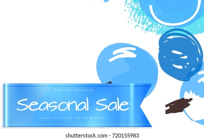 Sale advertisement banner on hand drawn background with shiny silk ribbon. Sale trendy poster with gold splashes and black frame. Rough colorful doodle fun special offer banner template.