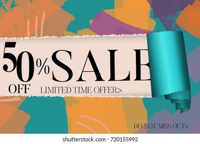 Sale advertisement banner on hand drawn background with torn paper and shiny curl. Sale trendy poster with gold splashes and black frame. Rough colorful doodle fun special offer banner template.