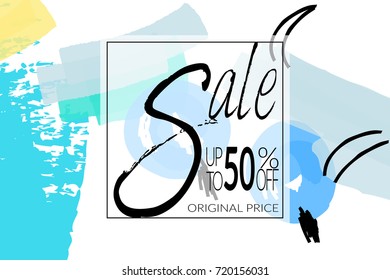 Sale advertisement banner on hand drawn background with rough sale lettering. Sale trendy poster with gold splashes and black frame. Rough colorful doodle fun special offer banner template.