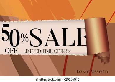 Sale advertisement banner on hand drawn background with torn paper and shiny curl. Sale trendy poster with gold splashes and black frame. Rough colorful doodle fun special offer banner template.