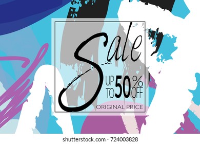 Sale advertisement banner on hand drawn background with rough sale lettering. Sale trendy poster with gold splashes and black frame. Rough colorful doodle fun special offer banner template.