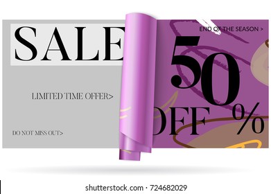 Sale advertisement banner on hand drawn background with curled peel out paper. Sale trendy poster with gold splashes and black frame. Rough colorful doodle fun special offer banner template.