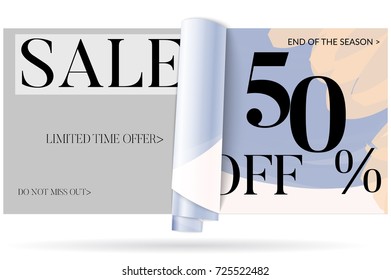 Sale advertisement banner on hand drawn background with curled peel out paper. Sale trendy poster with gold splashes and black frame. Rough colorful doodle fun special offer banner template.