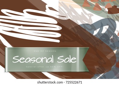 Sale advertisement banner on hand drawn background with shiny silk ribbon. Sale trendy poster with gold splashes and black frame. Rough colorful doodle fun special offer banner template.