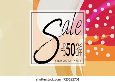 Sale advertisement banner on hand drawn background with rough sale lettering. Sale trendy poster with gold splashes and black frame. Rough colorful doodle fun special offer banner template.